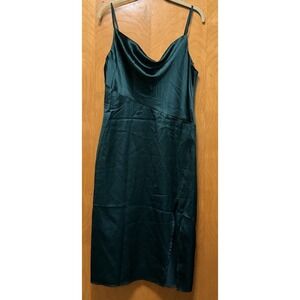 D&M Womens Satin Slip Dress Cowl Neck Back Zip Adjustable Emerald Green Sz L